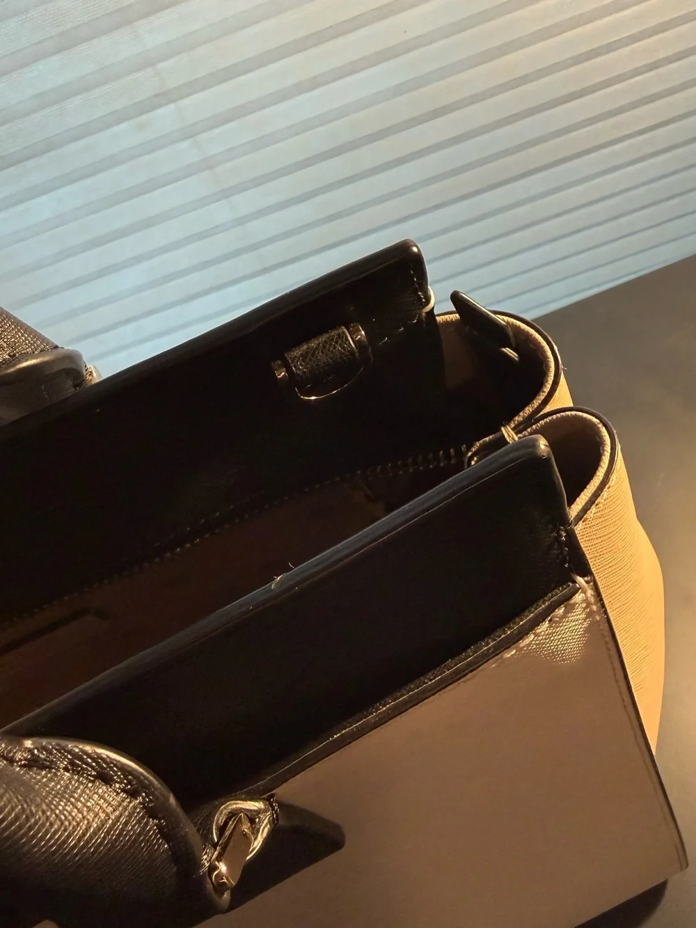 kate spade Madison Two-Tone Leather Satchel in White, Black and Tan